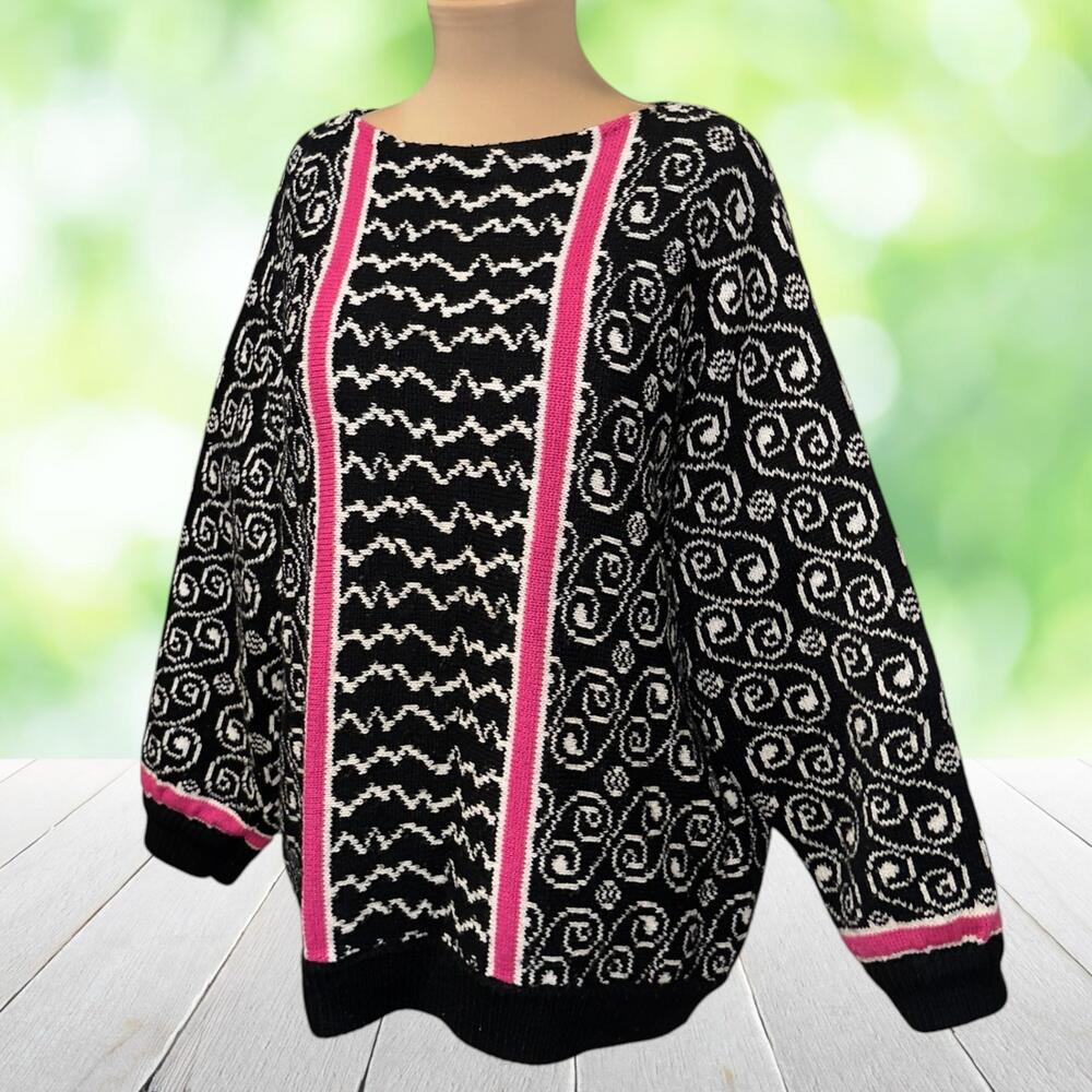 Vintage 80s ESPRIT SPORT Sweater Dolman Sleeve Black Pink Boho Geometric Size M